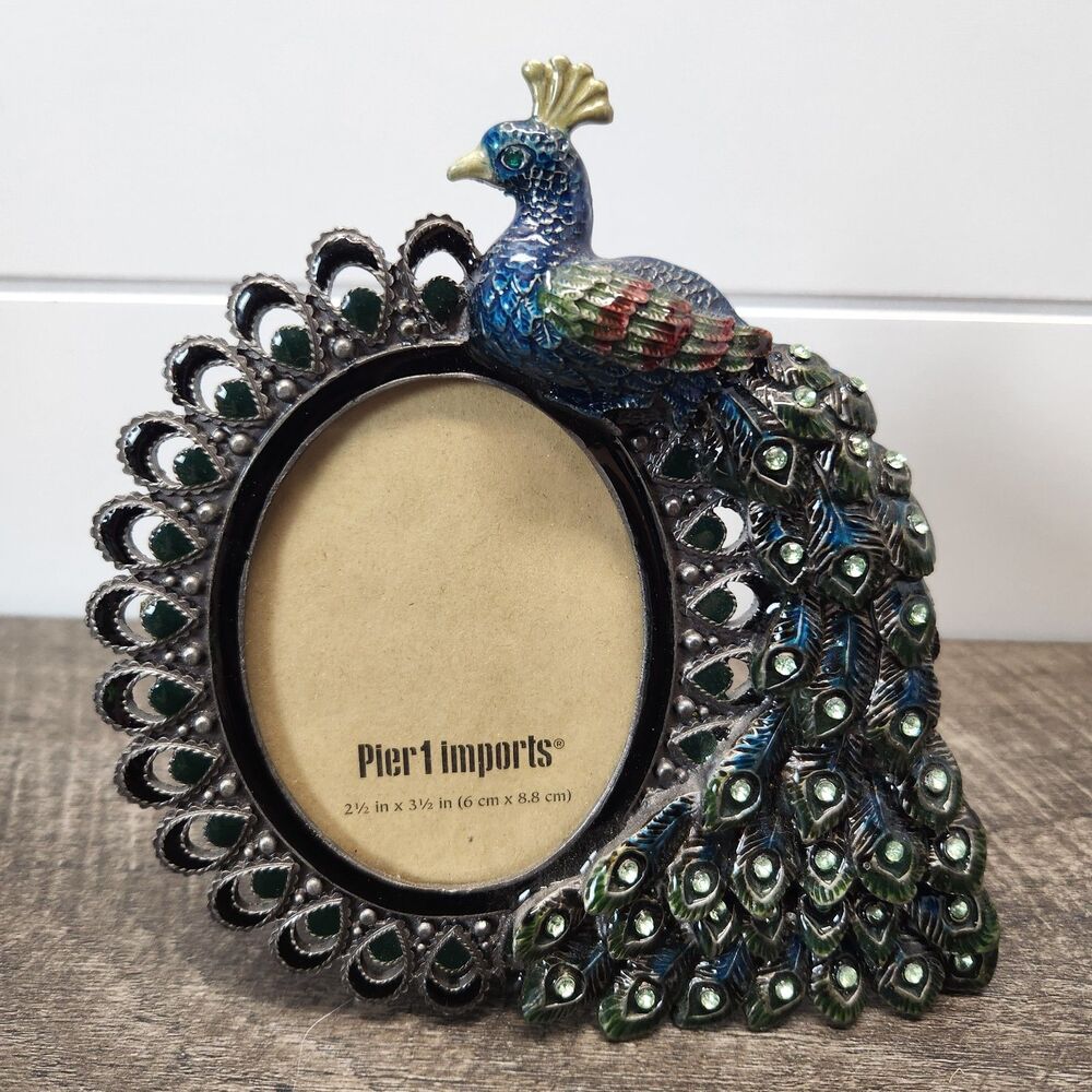 Pier 1 Imports Enameled Jeweled Metal Peacock Easel Oval Photo Frame Boho Vibes
